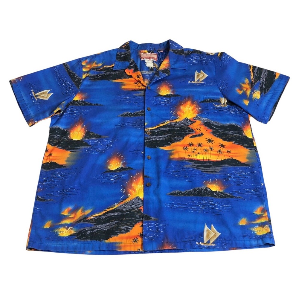 Vintage 90s RJC Shirt Mens 2X Blue Hawaiian Volcano All Over Print Cotton USA‎
